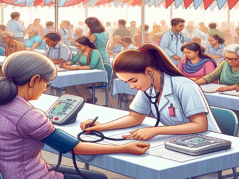 A screening camp with a nurse checking a woman's blood pressure