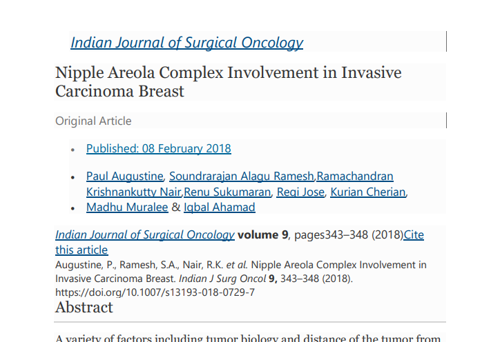 Nipple Areola Complex Involvement in Invasive Carcinoma Breast