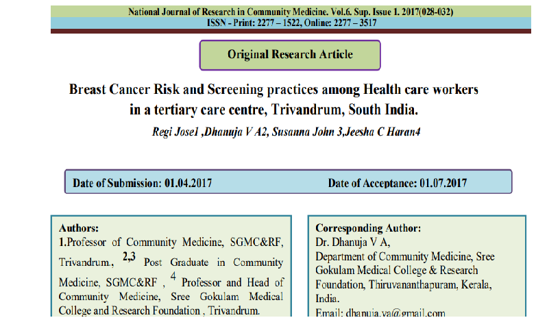 Breast Cancer Risk and Screening practices among Health care workers  in a tertiary care centre