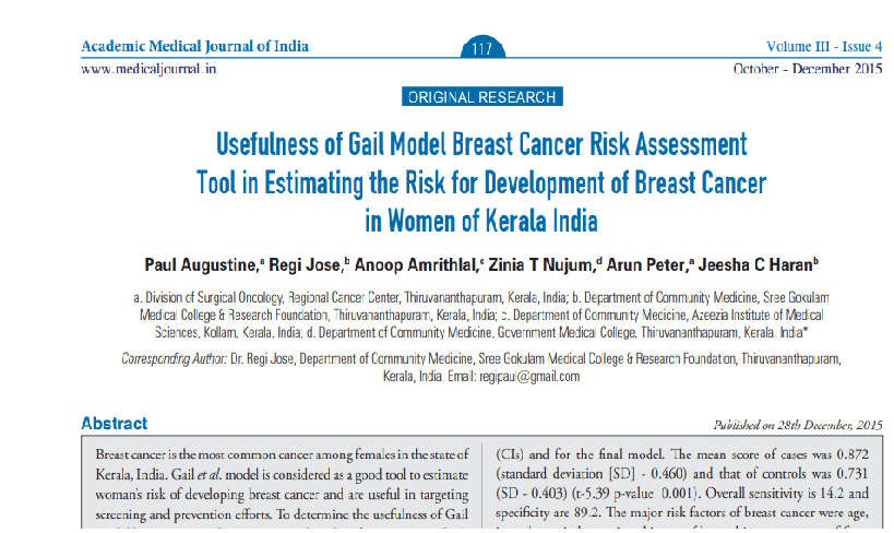 Usefulness of Gail Model Breast Cancer Risk Assessment  Tool in Estimating the Risk for Development of Breast Cancer  in Women of Kerala India
