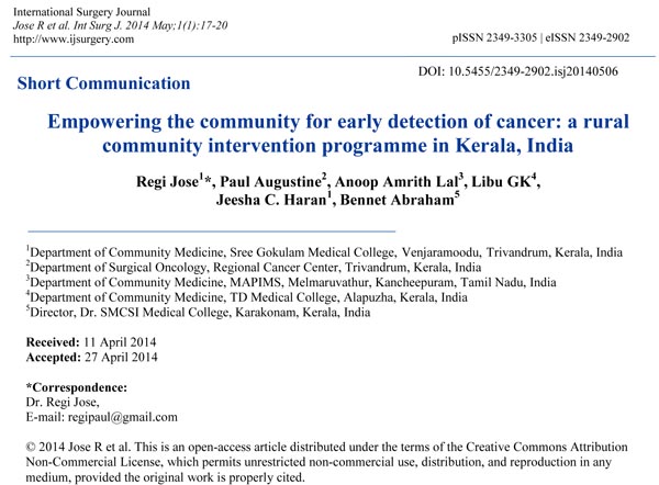 Empowering the community for early detection of cancer: a rural  community intervention programme in Kerala, India