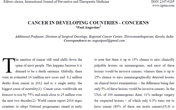 CANCER IN DEVELOPING COUNTRIES - CONCERNS
