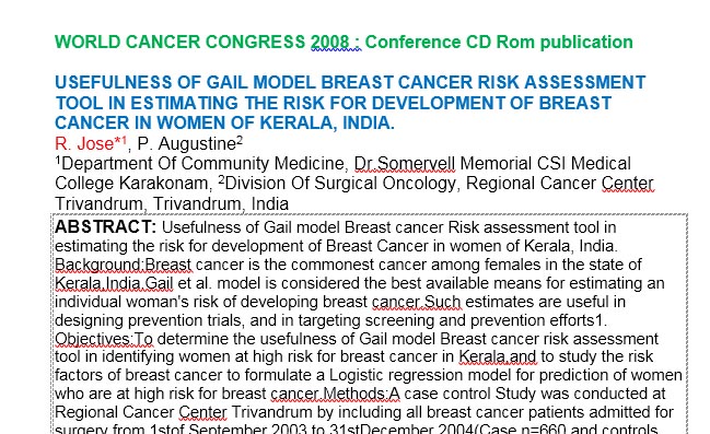 USEFULNESS OF GAIL MODEL BREAST CANCER RISK ASSESSMENT  TOOL IN ESTIMATING THE RISK FOR DEVELOPMENT OF BREAST  CANCER IN WOMEN OF KERALA, INDIA.