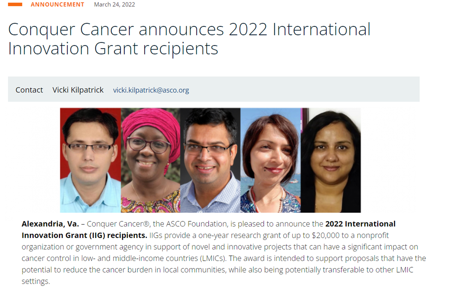 ASCO Foundation International Innovation Grant Award 2022